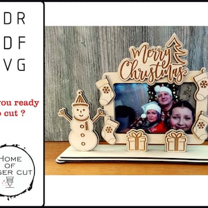 Marco de fotos de feliz Navidad con muñeco de nieve Formato Svg Dxf Cdr Pdf para corte láser, archivo de 3 mm