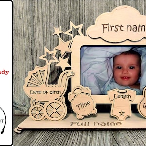 Photo frame. Child metrica.  Laser cut files. announcement photo frame, birth details. cdr, svg, pdf, dxf. Digital pattern, file for 3mm 4mm