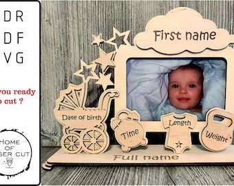 Photo frame. Child metrica.  Laser cut files. announcement photo frame, birth details. cdr, svg, pdf, dxf. Digital pattern, file for 3mm 4mm