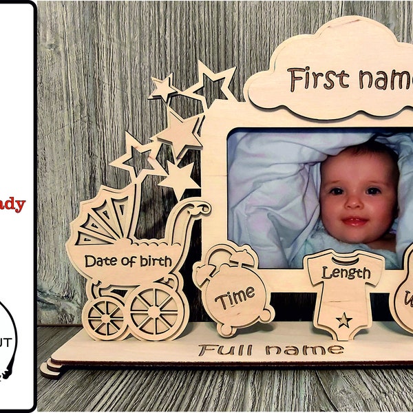 Photo frame. Child metrica.  Laser cut files. announcement photo frame, birth details. cdr, svg, pdf, dxf. Digital pattern, file for 3mm 4mm