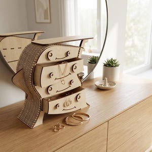 May include: A wooden jewelry organizer with three drawers and a unique fish-shaped design. The organizer is made of light-colored wood and sits on a wooden dresser. Gold jewelry, including necklaces and bracelets, is visible in the drawers.