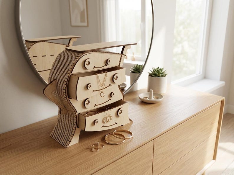 May include: A wooden jewelry organizer with three drawers and a unique fish-shaped design. The organizer is made of light-colored wood and sits on a wooden dresser. Gold jewelry, including necklaces and bracelets, is visible in the drawers.