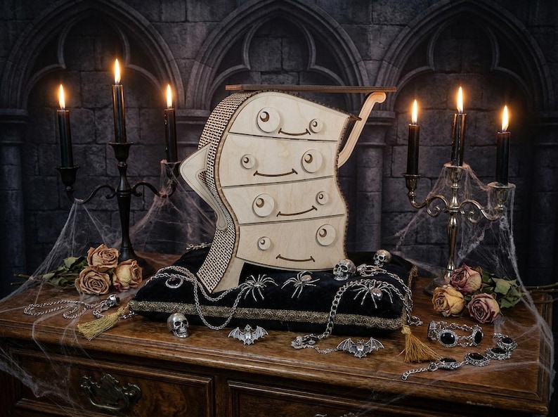 May include: A whimsical wooden dresser with a face design, set on a black velvet pillow with spider and skull accents. The scene includes lit candles, dried roses, and decorative jewelry, creating a spooky, gothic theme.