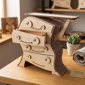 May include: A whimsical wooden storage chest with four drawers and a top shelf. The chest has a unique, cartoonish design with circular eye-like features and curved lines. The chest is made of light-colored wood and sits on a wooden table.
