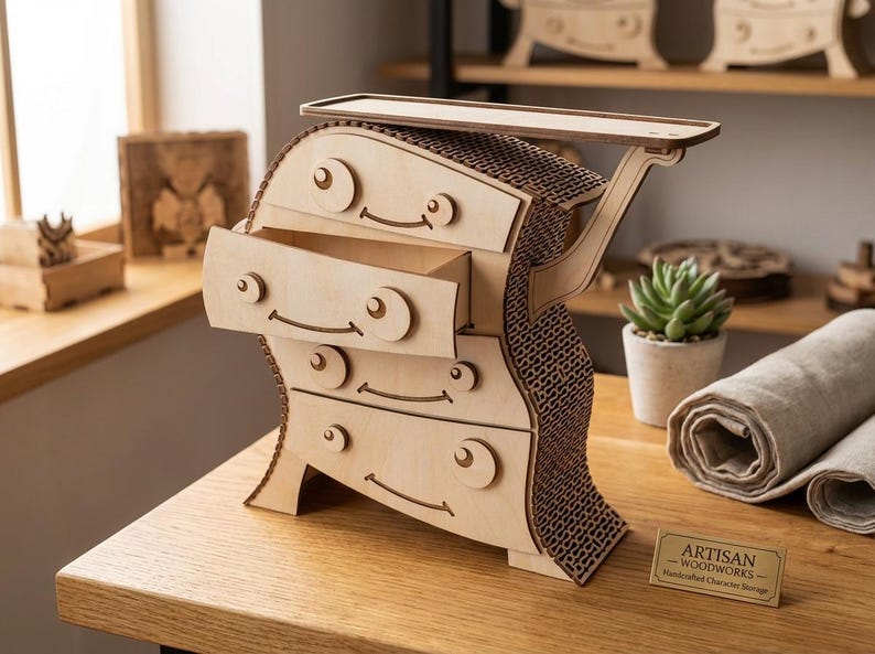 May include: A whimsical wooden storage chest with four drawers and a top shelf. The chest has a unique, cartoonish design with circular eye-like features and curved lines. The chest is made of light-colored wood and sits on a wooden table.