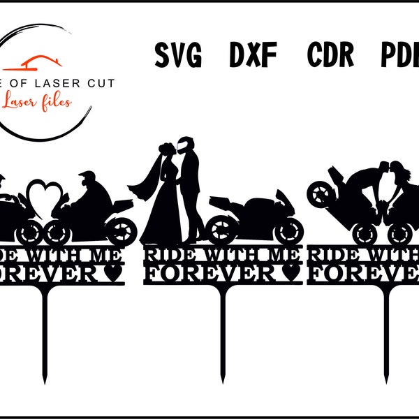Cake topper 3 options for bikers, wedding toppers, laser file svg dxf cdr pdf.