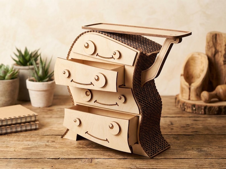 May include: A whimsical wooden dresser with four drawers, each featuring a smiling face design. The dresser has a unique, curved shape and a small top shelf. The back of the dresser has a textured, brown pattern. The dresser is made of light-colored wood.