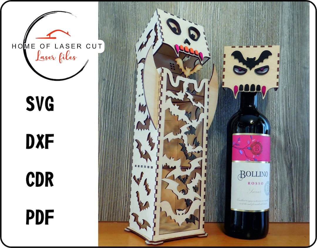 Halloween Wine Bottle Box, Svg, Cdr, Dxf, Pdf, 3mm Material. Laser
