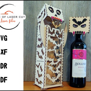 Halloween wine bottle box, svg, cdr, dxf, pdf, 3mm material. laser ready file, two head options.