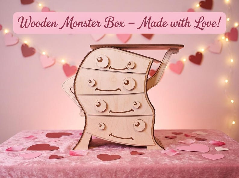 May include: A wooden monster box with four drawers, featuring a whimsical design with eyes and smiles. The box is made of light-colored wood and has a small shelf on top. The text "Wooden Monster Box - Made with Love!" is displayed above the box.