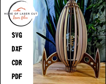 Raketlamp. Lasergesneden. Digitaal bestand. Svg dxf cdr pdf. Materiaalvijl van 3 mm bij 4 mm