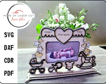 Photo frame. Child metrica. Laser cut files. announcement photo frame, birth details. cdr, svg, pdf, dxf. Digital pattern, file for 3mm 4mm