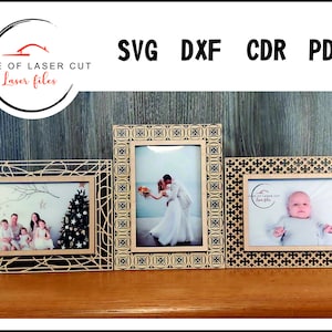 Drie ontwerpen fotolijsten, 3 mm materiaal, svg cdr dxf pdf, laserklaar bestand, fotolijststandaard
