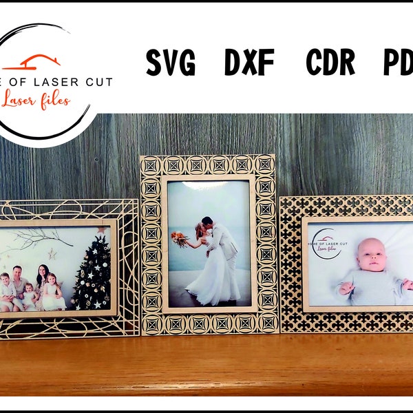 Three designs photo frames, 3mm material, svg cdr dxf pdf, laser ready file, Picture Frame Stand