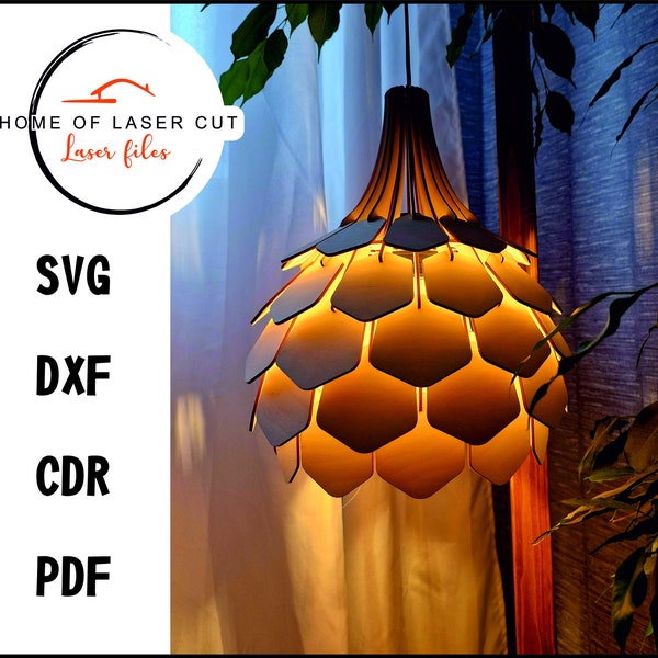 Design lamps, Scandinavian Pine Cone Hanging wooden lamp, Pendant Light, 3mm & 4mm file, svg dxf cdr pdf,