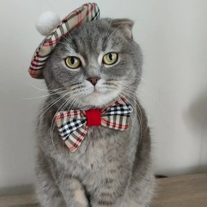 Costume for cats and dogs, Beret hat and bow tie set for pets, cat bowtie, pet accessories, hat for pets, scottish tartan bonnet