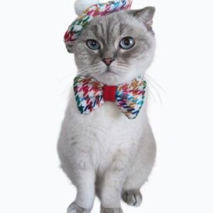 2 piece set Beret hat and bowtie set for cats, cat outfit, costume for cat, cat bowtie, hat for cat, houndstooth bonnet for pets