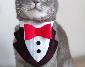 Elegant Cat Tuxedo Collar: Black Velvet, Red Bow Tie