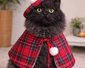 Scottish Tartan Pet Costume: Beret and Cape Set