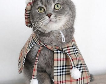 Purr-fectly Chic: Cat Costume Set with Beret, Cape, and Cloak in Scottish Tartan