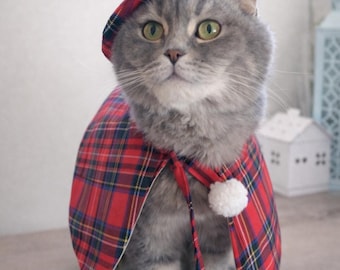 Tartan Cat Costume Set: Beret and Cape, Pet Accessories