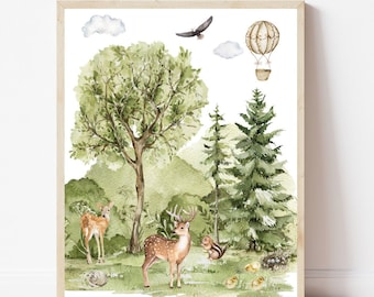 May include: A watercolor painting of a forest scene with a hot air balloon, deer, a squirrel, and birds. The painting is framed in a light brown frame.