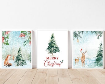 Juego de 3 láminas navideñas para decoración del hogar, regalo navideño, arte mural navideño imprimible, láminas de invierno, lámina de arte navideño, arte mural navideño, vacaciones.