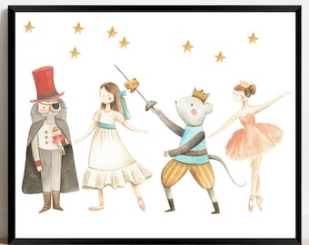 May include: A framed watercolour print depicting characters from The Nutcracker ballet. The print shows a Nutcracker, a girl in a white dress, a mouse with a sword, and a ballerina. Gold stars are scattered on the white background.
