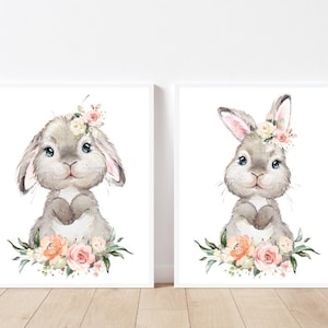 Set of 2 Bunny prints Bunny print nursery art Bunnies with pink flowers print Bunny printable Nursery Woodland animals Baby shower gift sign