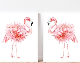 Flamingo art set of 2 prints Flamingo print Watercolor Pink Flamingo nursery decor Baby girl nursery wall art Blush pink Flamingo wall decor