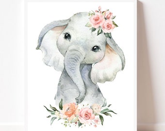 Elephant nursery art Nursery decor Elephant pink flowers print wall art Baby girl nursey art Baby shower gift print Baby elephant art print