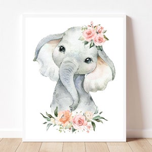 Elephant nursery art Nursery decor Elephant pink flowers print wall art Baby girl nursey art Baby shower gift print Baby elephant art print