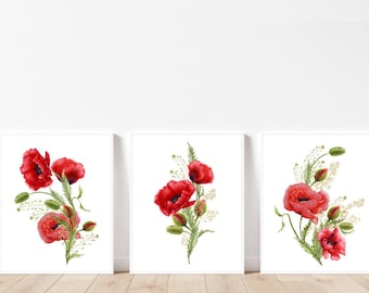 3er-Set Mohnblumen Drucke Aquarell Mohnblumen druckbare Wandkunst Roter Mohnblumen Wandkunst, Wildblumen Drucke sofort download Blumenkunst