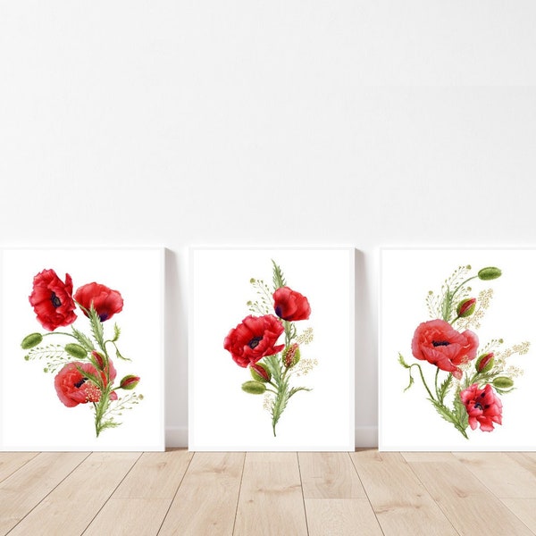 Set of 3 poppy prints Watercolor poppy printable wall art Red poppy wall art Wildflower prints instant download Poppy art prints Flower art