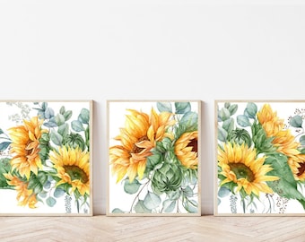 Sunflower art set of 3 Sunflower wall art Sunflower decor Sunflower print wall art Watercolor sunflower print Sunflower picture art print