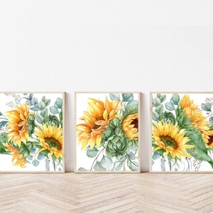 Sunflower art set of 3 Sunflower wall art Sunflower decor Sunflower print wall art Watercolor sunflower print Sunflower picture art print