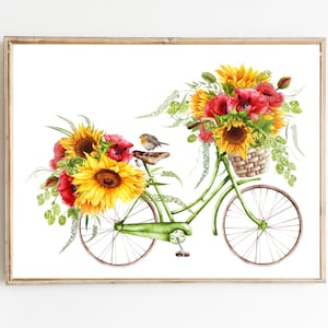 Summer prints Bicycle sunflowers print art Summer printable art Summer art print Summer artwork Summer wall decor printable digital download