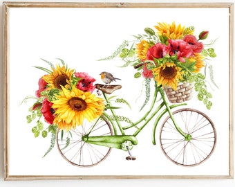 Summer prints Bicycle sunflowers print art Summer printable art Summer art print Summer artwork Summer wall decor printable digital download