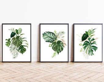 Monstera prints set of 3 Monstera printable wall art Home decor Farmhouse decor Botanical watercolor print Art print Plant poster Green wall