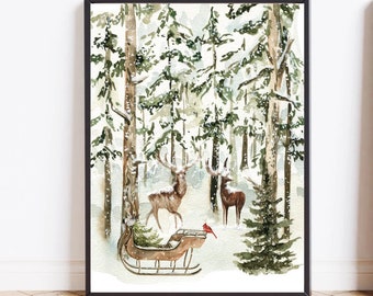 Winter print download Christmas print digital Deer printable Winter forest print Winter wall art Holiday wall art Home decor Farmhouse decor