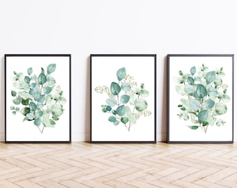 Eucalyptus prints set of 3 Eucalyptus print Watercolor eucalyptus printable wall art Botanical print Farmhouse decor Greenery wall art sign