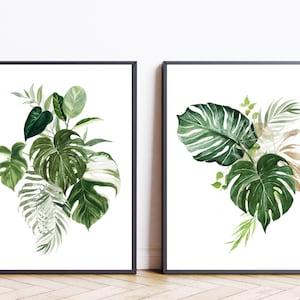 Monstera leaves print set of 2 Watercolor Monstera print Monstera printable Tropical leaf print Farmhouse decor Green wall art Botanical