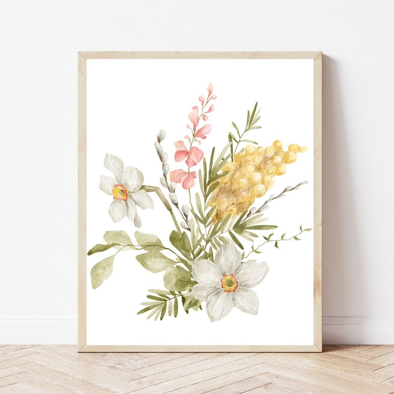 May include: A watercolour painting of a bouquet of flowers. The bouquet includes white daffodils, yellow mimosa, and pink flowers. The flowers are arranged in a loose, natural style. The background is white.