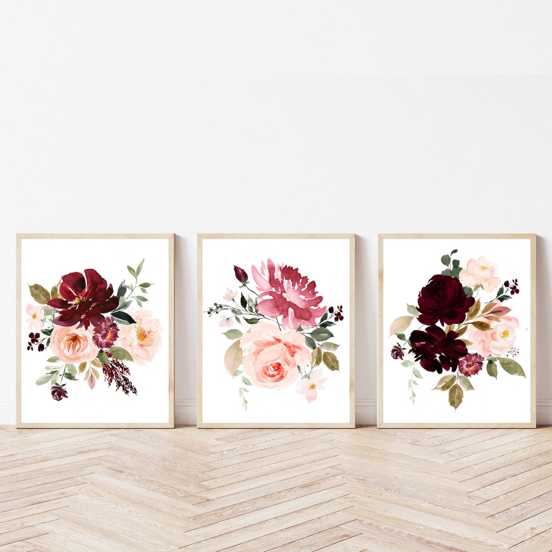 Blush Burgundy Flowers Roses Art Set Print Burgundy Pink Blush Roses ...