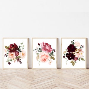 Blush burgundy flowers roses art set print Burgundy pink blush roses wall art set printable Watercolor burgundy blush peonies prints digital