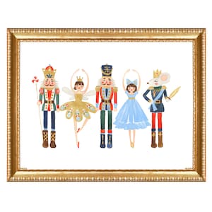May include: Watercolor print of The Nutcracker characters in a gold frame. The print features a nutcracker soldier, a ballerina, another nutcracker, a girl in a blue dress, and a mouse king. The characters are in various colors, including red, blue, and gold.