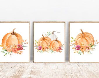 Arte murale stampabile autunnale Set di 3 stampe autunnali Acquerello autunnale digitale da scaricare Decorazioni autunnali Stampa autunnale scaricabile Stampa di foglie autunnali di zucca