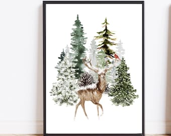 Christmas trees print Winter prints download Christmas printable wall art Winter art print Rustic Home decor gift idea Snowy winter poster