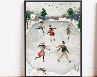 Pattinaggio su ghiaccio Stampe invernali download Stampa d'arte da parete invernale Arredamento rustico per le vacanze Arredamento invernale vintage Idea regalo per la casa Stampa di scene di neve
