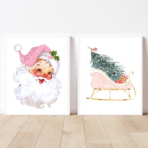 Pink Christmas decor set of 2 Vintage Santa Christmas prints Retro Santa print Vintage Retro Christmas sleigh prints Christmas decorations